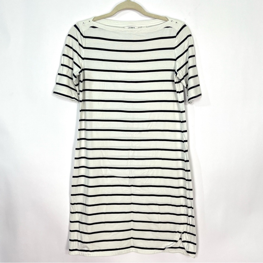 Liz Claiborne White Black Striped Boatneck Tshirt Dress Short Sleeves Sz Small